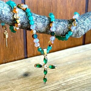 Aventurine with Austrian Crystals Christian Cross Necklace